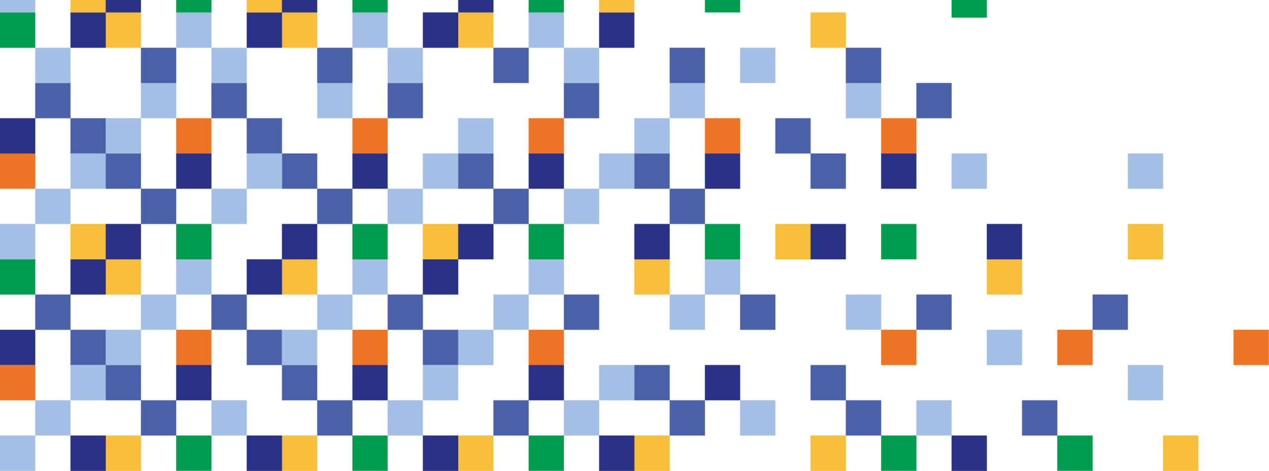 Diseño gráfico con cuadrados pixelados en celeste, azul, naranjo, amarillo y verde, representando los colores identitarios del Centro de Patrimonio Cultural UC.