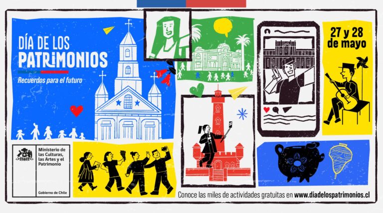 Gráfica oficial del Día del Patrimonio en la Universidad Católica, en donde se aprecian diversas ilustraciones para graficar la festividad.